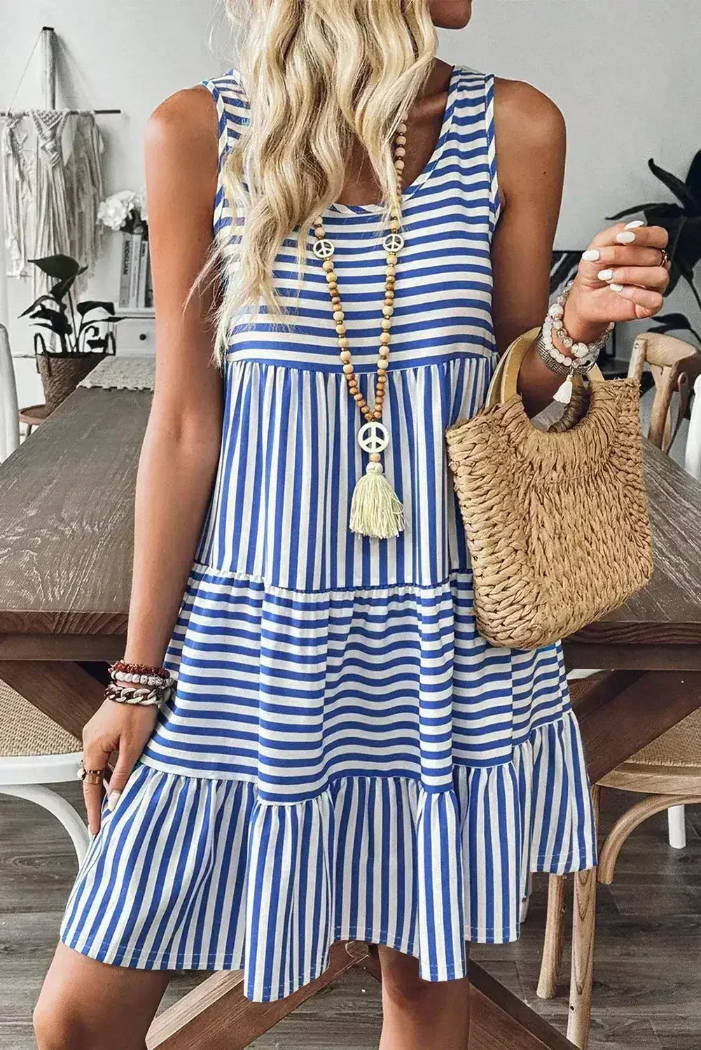 Black Stripe U Neck Sleeveless Loose Fit Mini Dress