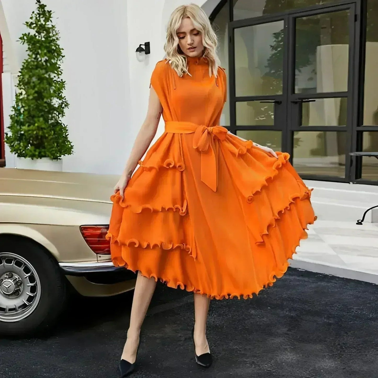 A1. Autumn Short Sleeve Pleated Design Affordable Luxury Fashion
