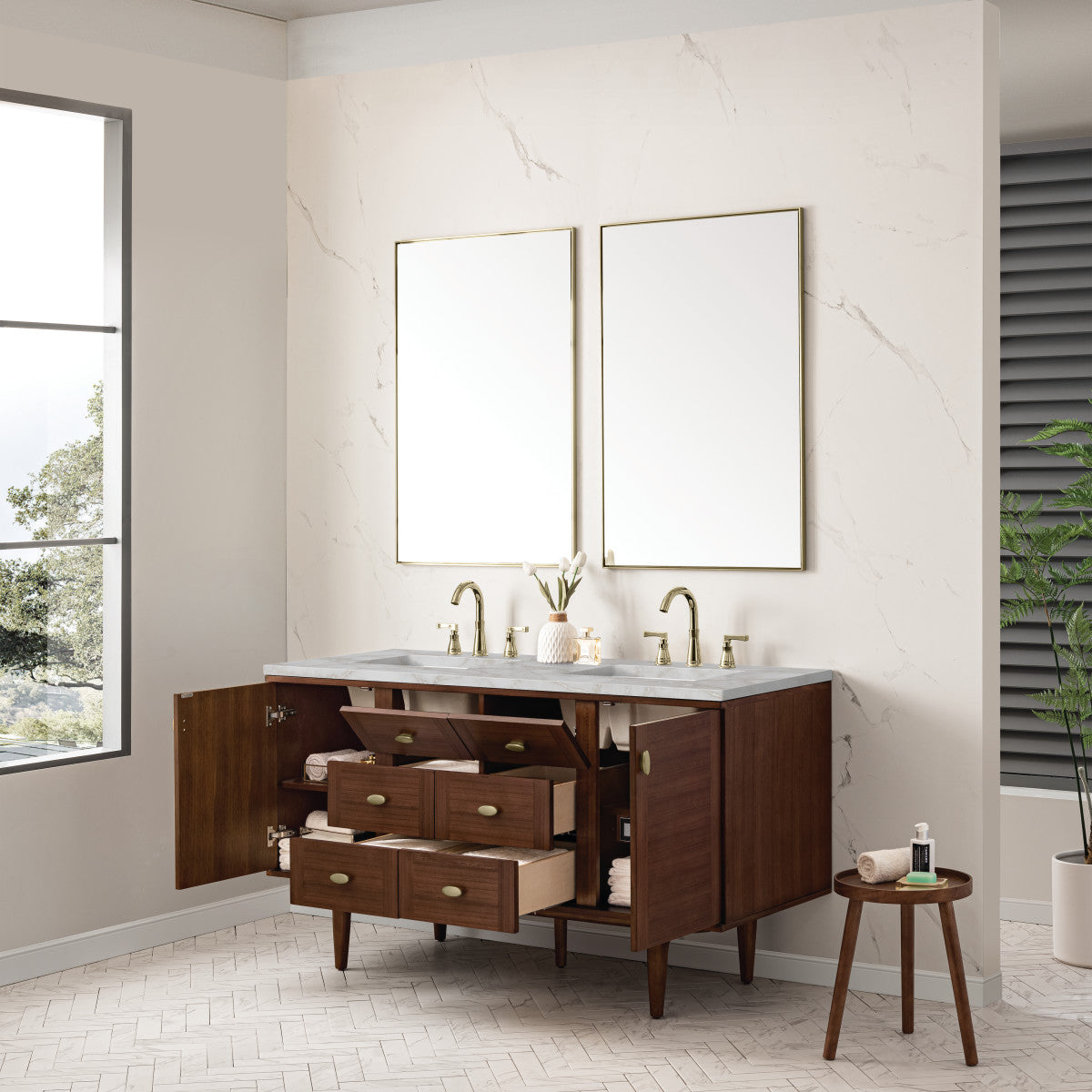Amberly 60" Double Vanity Cabinet, Mid-Century Walnut