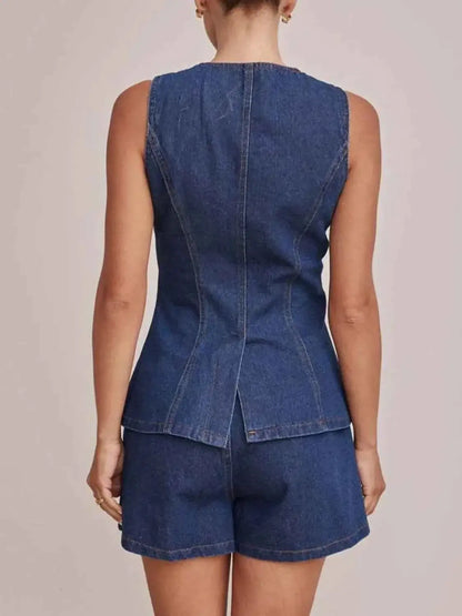Button Down Vest and Shorts Denim Set