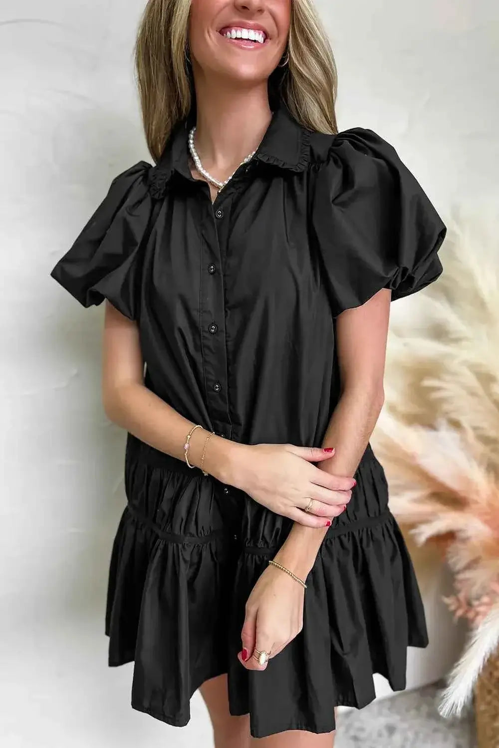 Button Down Puff Sleeve Dress with Ruffle Hem