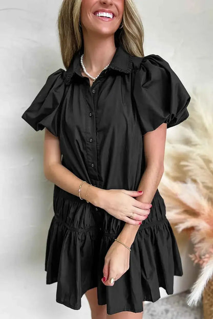 Button Down Puff Sleeve Dress with Ruffle Hem