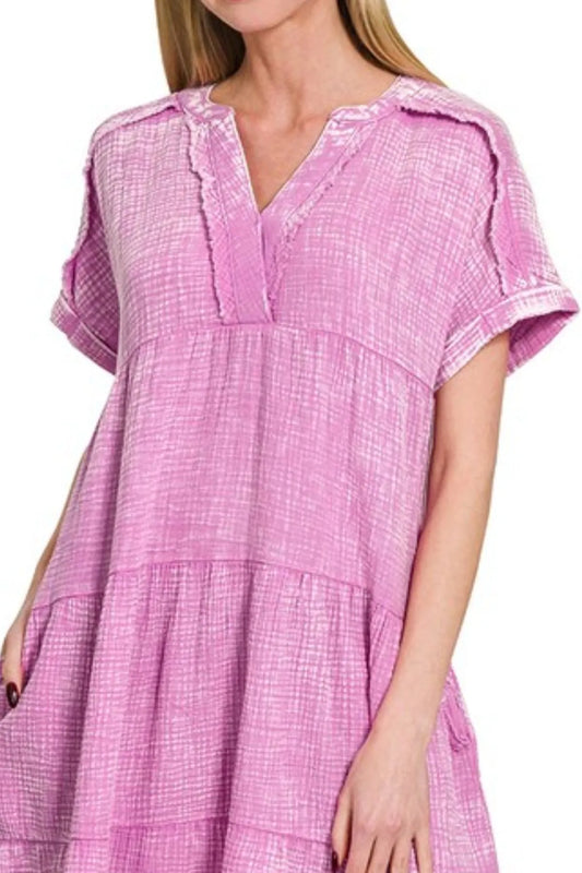 Zenana Washed Double Gauze Raw Edge V-neck Dress in Mauve