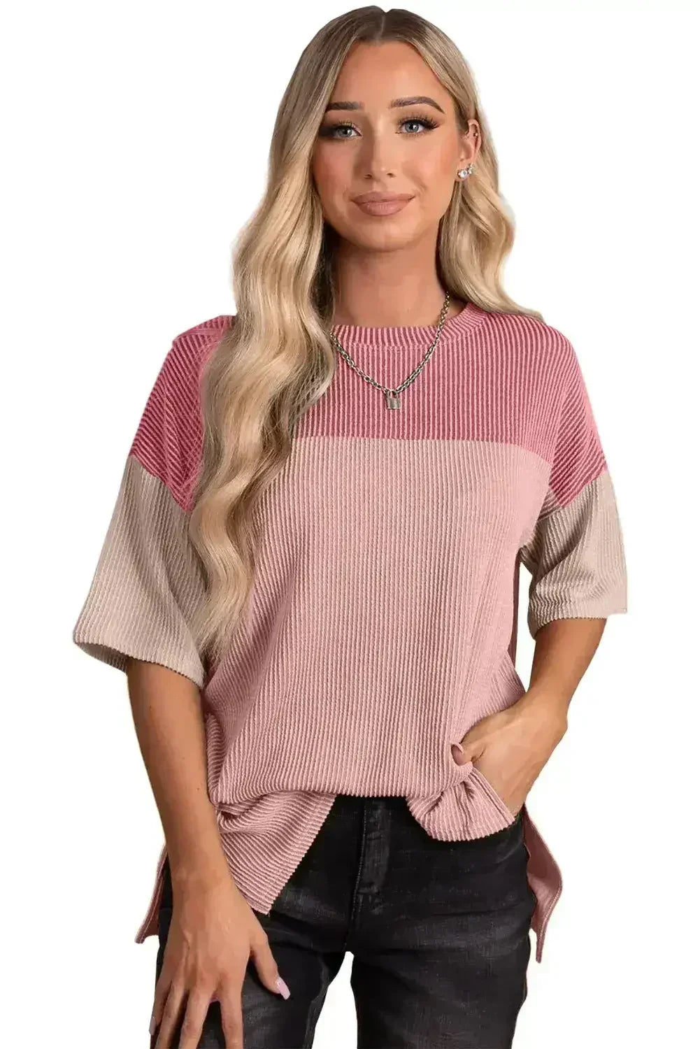 Black Color Block Ribbed Side Slits Half Sleeve Top