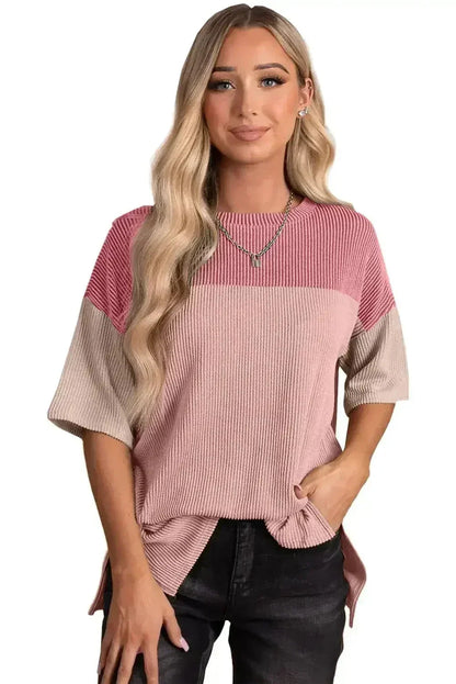 Black Color Block Ribbed Side Slits Half Sleeve Top