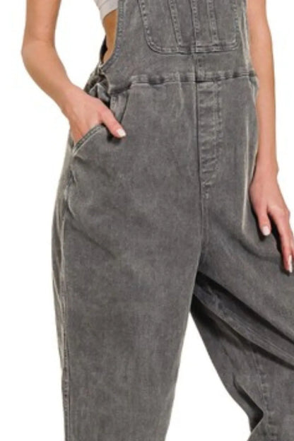 Zenana Washed Knot Strap Relaxed Fit Overalls in Black