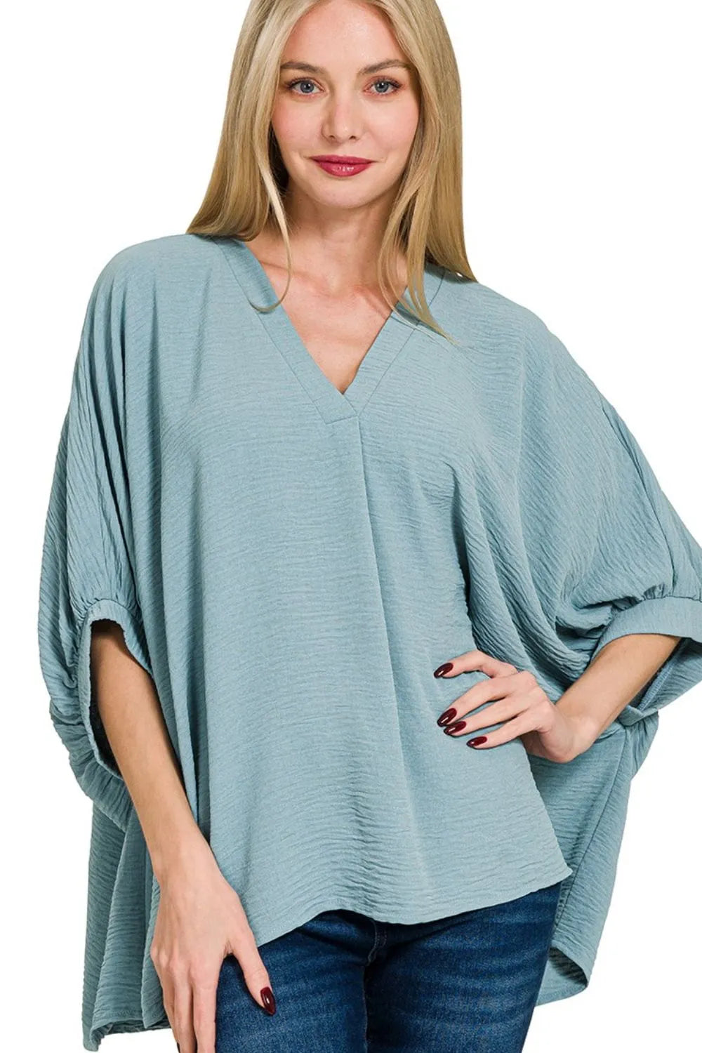 Zenana Woven Airflow V-neck Puff Half Sleeve Top in Blue Grey