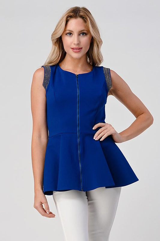 Peplum Zip-Front Sleeveless Top with Metallic Shoulder Detail | Apparel | Kitchen + Metal