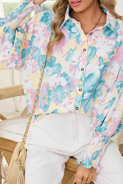 Yellow Floral Oversized Shirt with Shirred Cuffs - Women's Blouse