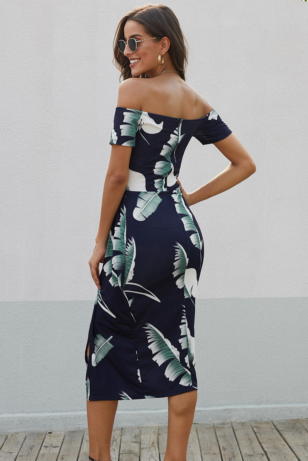 Printed Off-Shoulder Split Dress - Women's Dress