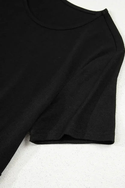 Black Solid Color Short Sleeve High Waist Pocketed Midi Dress