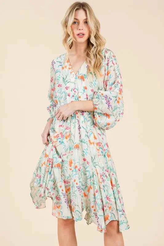 Lime and Chili Dress with Cinched Waist and Balloon Sleeves