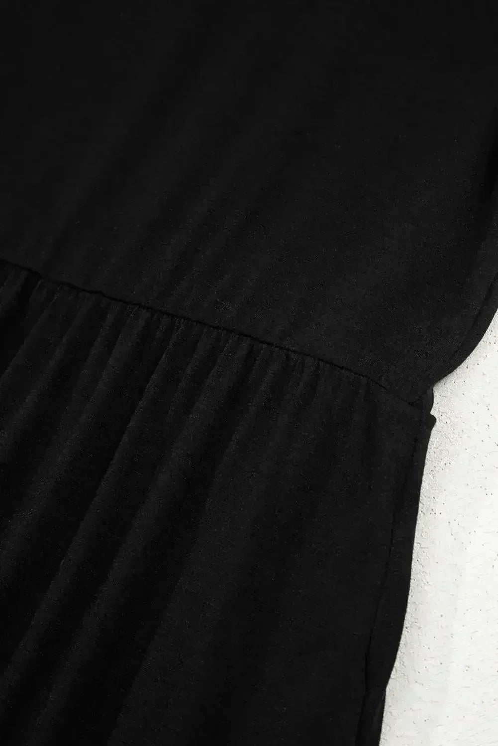 Black Solid Color Short Sleeve High Waist Pocketed Midi Dress