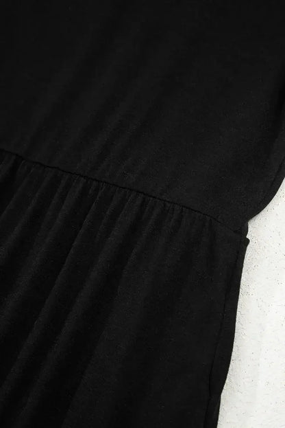 Black Solid Color Short Sleeve High Waist Pocketed Midi Dress
