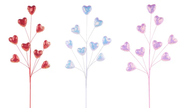29.75"L IRIDESCENT SEQUIN HEART SPRAY 3 ASST RED, PINK, WHITE