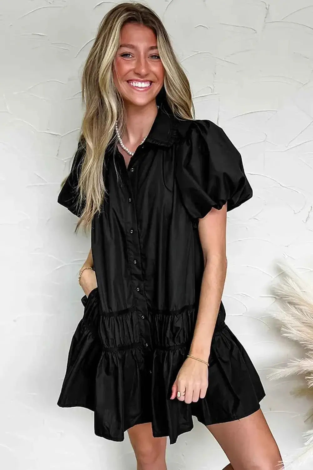 Button Down Puff Sleeve Dress with Ruffle Hem