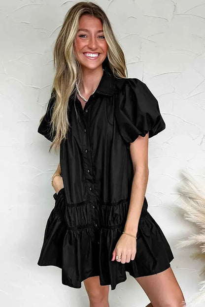Button Down Puff Sleeve Dress with Ruffle Hem
