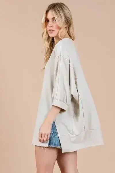 Drop Shoulder Puff Sleeve Sweatshirt | Side Slit Casual Top -Femstylo