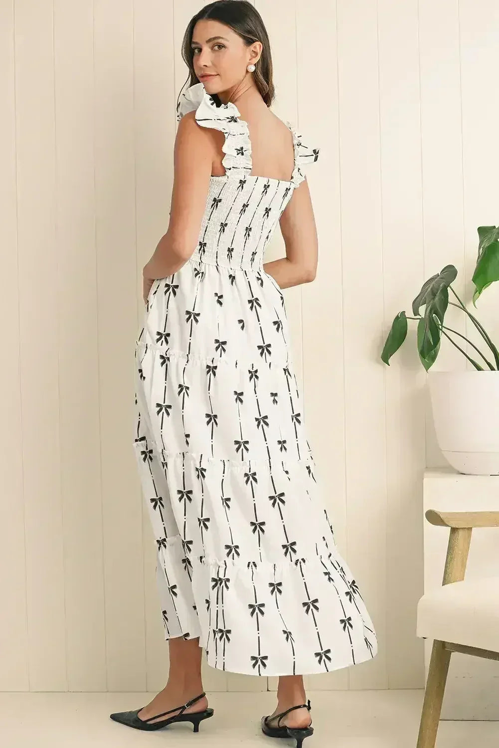 Black Bow Print Smocked Ruffle High Waist Maxi Dress