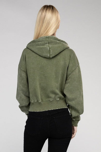 ZENANA Acid Wash Fleece Cropped Zip-Up Hoodie