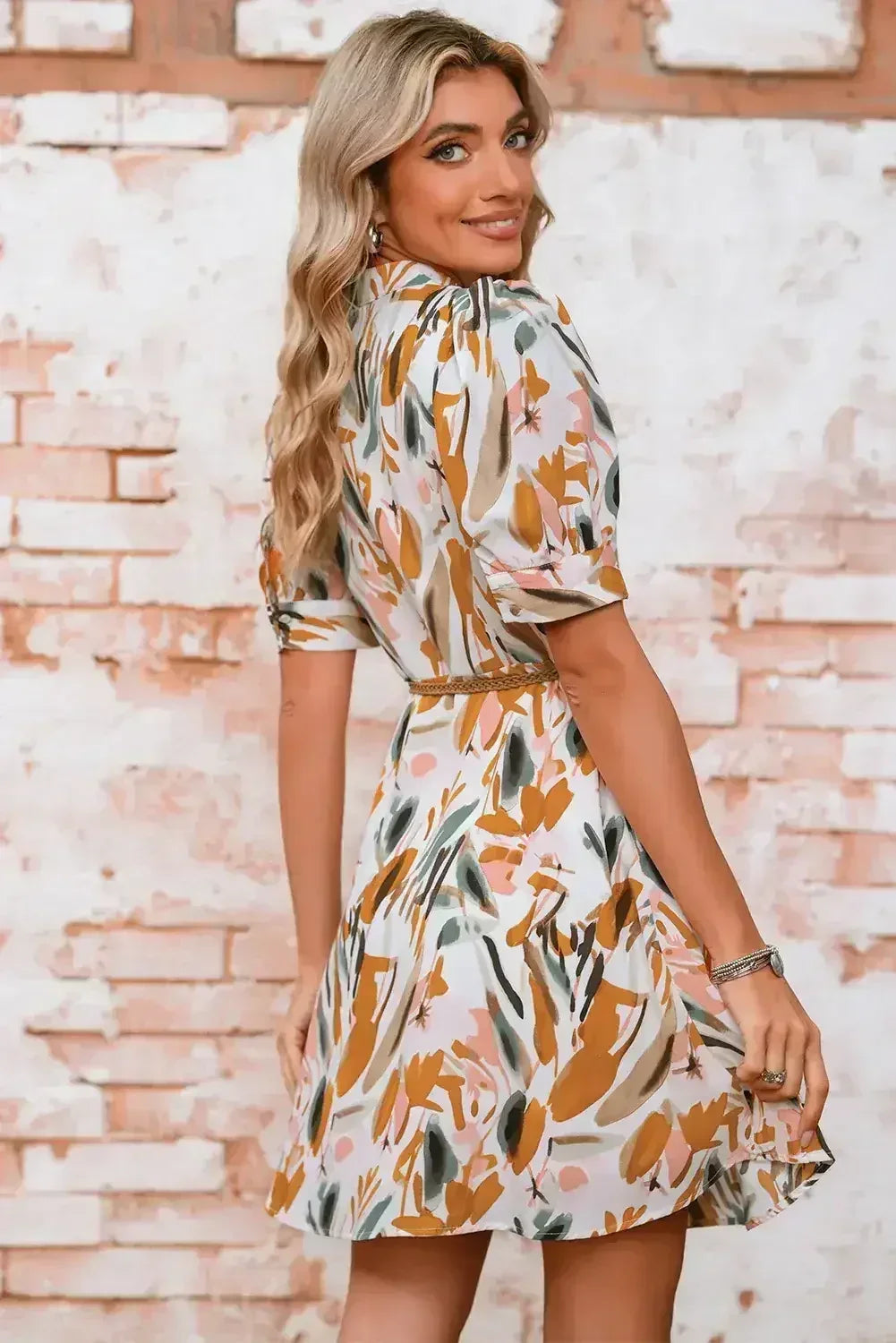 Brown Abstract Puff Sleeve Button Up Braided Belt Mini Dress