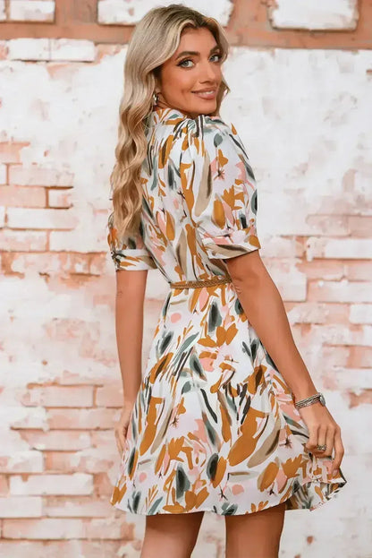 Brown Abstract Puff Sleeve Button Up Braided Belt Mini Dress