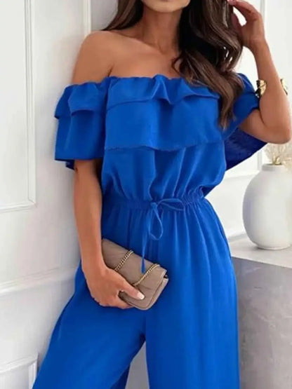 Wide Leg Jumpsuit - Off-Shoulder Ruffled Jumpsuit