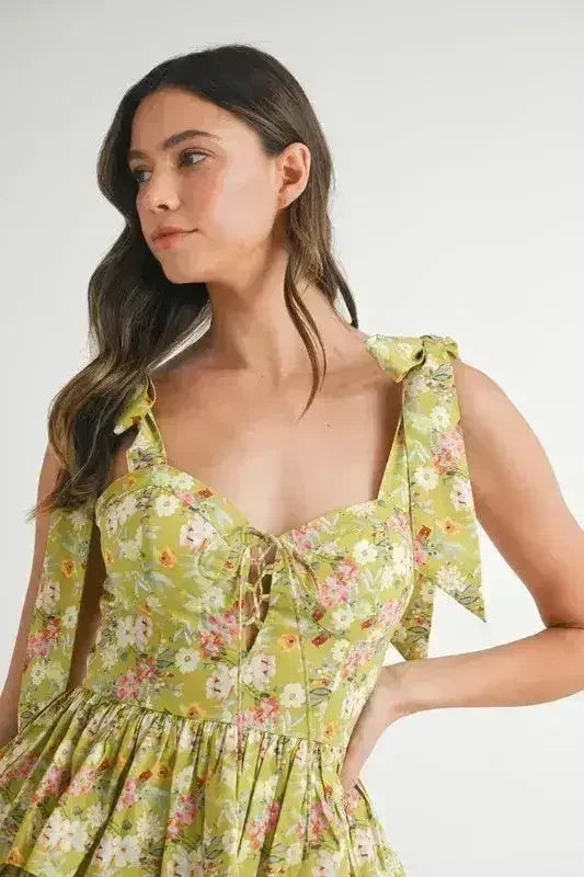 MABLE Floral Mini Dress – Adjustable Shoulder Tie Layered Design