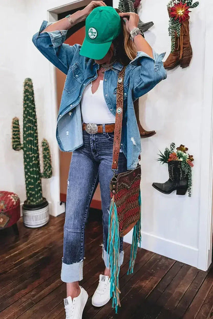 Real Teal Folded Cuffs Distressed High Waist Jeans