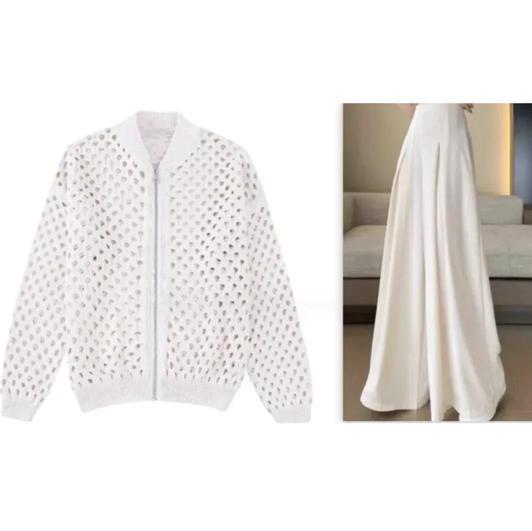 Open Knit Zip-Up Bomber Jacket