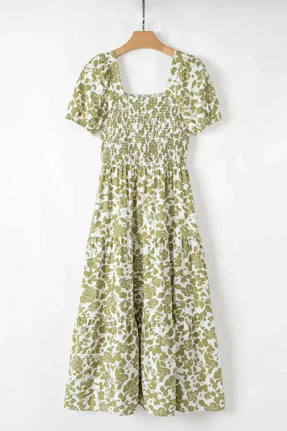 Yellow Boho Floral Print Square Neck Puff Sleeve Tiered Maxi Dress