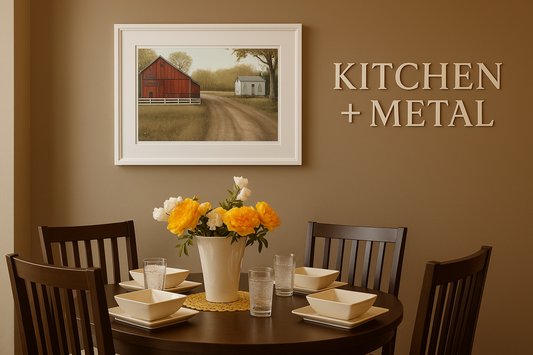 Farmhouse Barn Artwork with Kitchen + Metal Typography