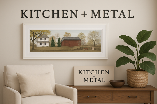 Farmhouse Landscape with Kitchen + Metal Typography