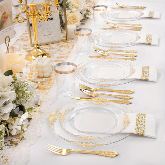 Elegant Gold Rim Plastic Dinnerware Set  50pcs Reusable