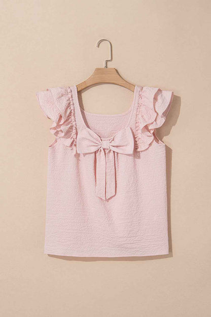 Gossamer Pink Ruffle Sleeve Blouse with Textured Bow Frills and Ruffles