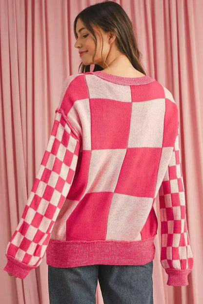 Rose Red Checkered Drop Sleeve Knit Sweater