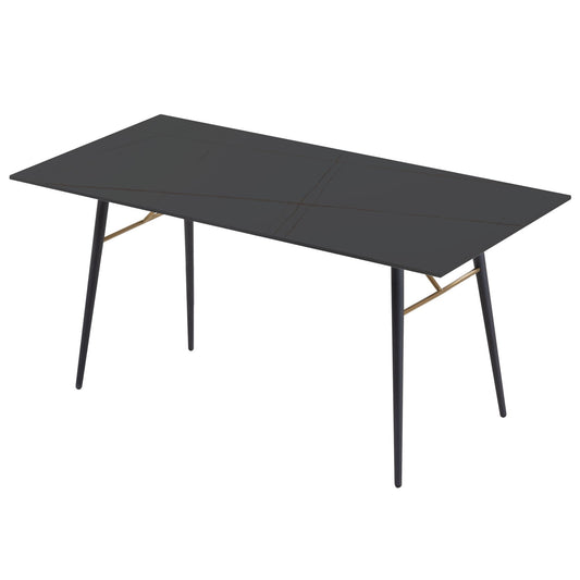 A black ceramic tile top dining table with a metal frame and gold-colored accents on the legs, designed for small spaces.