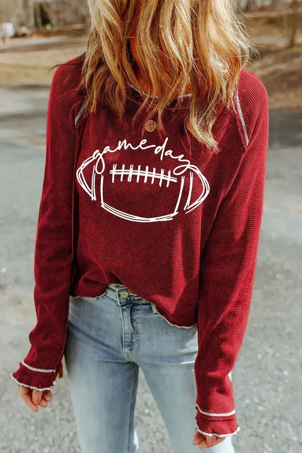 Red Waffle Rugby Graphic Contrast Hem Sweatshirt