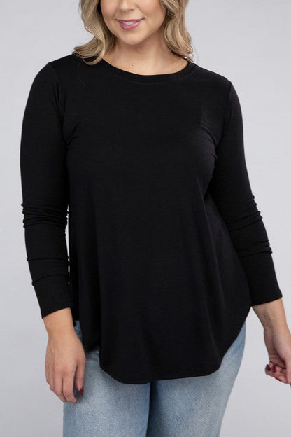 ZENANA Plus Long Sleeve Round Neck Round Hem Top