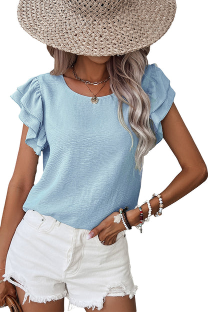 Aqua Ruffle Sleeve Blouse - Clearly Aqua Solid Color Crinkled Top