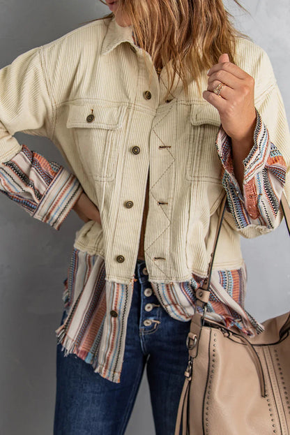 Beige Color Block Corduroy Jacket | Striped Button Up Design - Femstylo