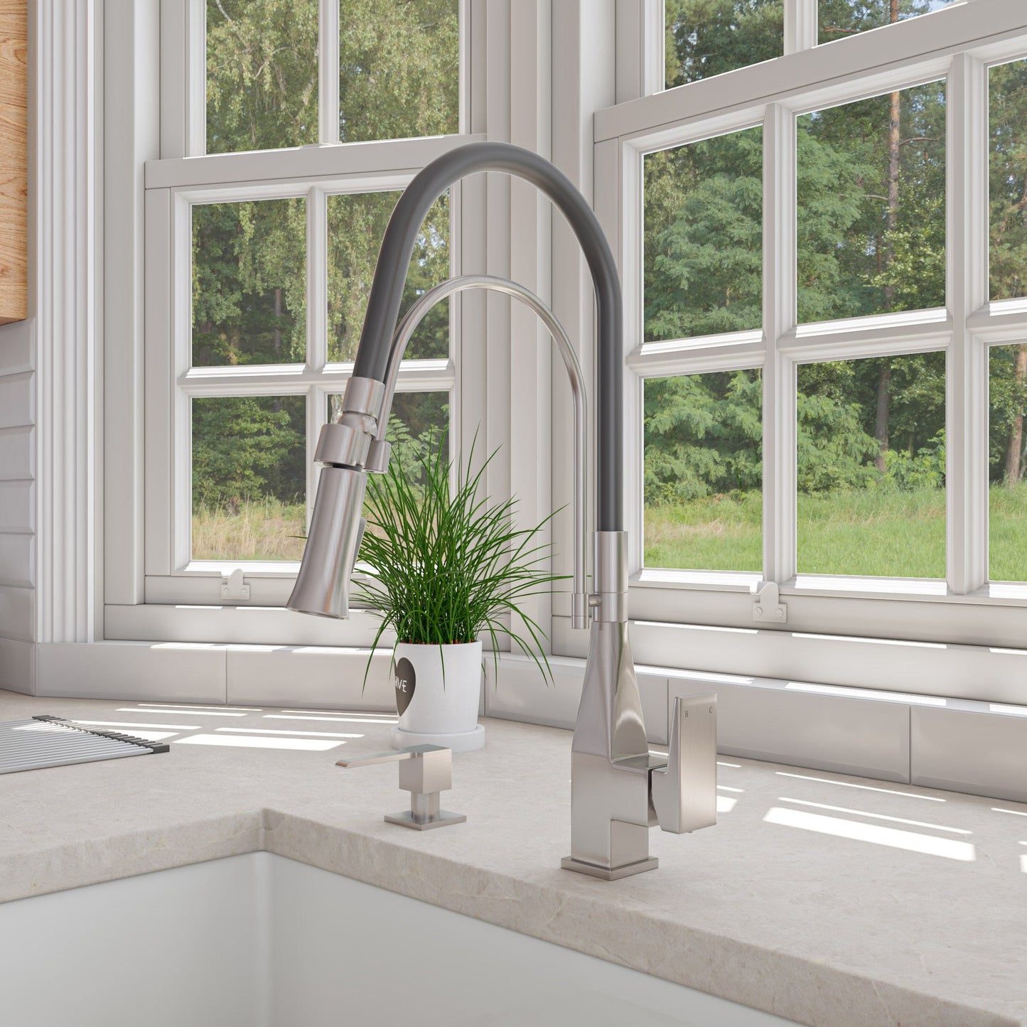 ALFI brand ABKF3023 Square Kitchen Faucet with Black Rubber Stem
