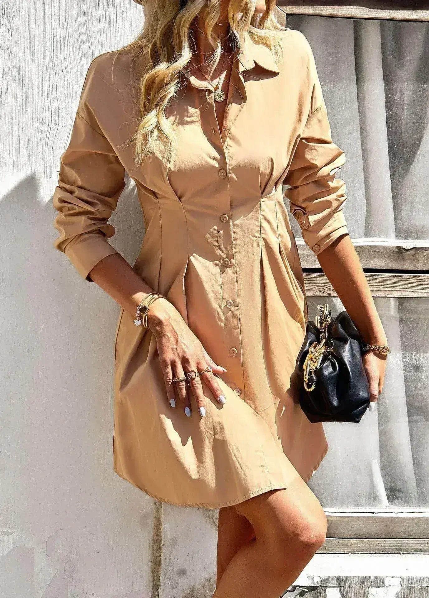 Khaki Solid Shirt Dress - Versatile Commute Wear | Femstylo