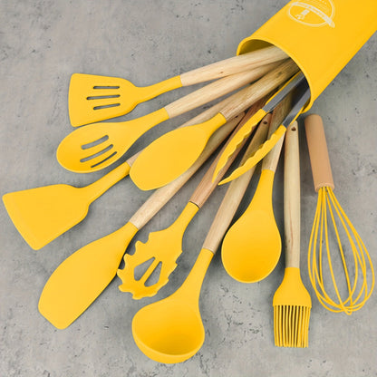 12Piece Silicone Kitchen Utensil Set with Wooden Handles