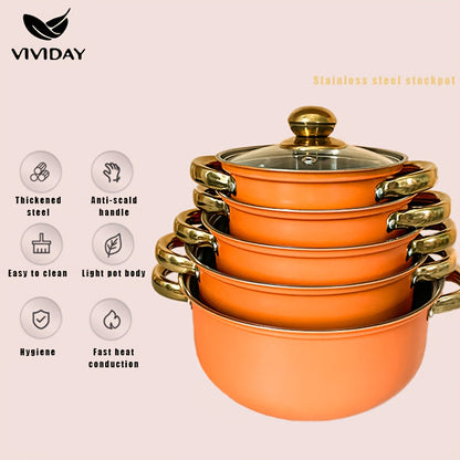 Elegant NonStick Cookware Set GoldHandled Soup Fry Milk Pans