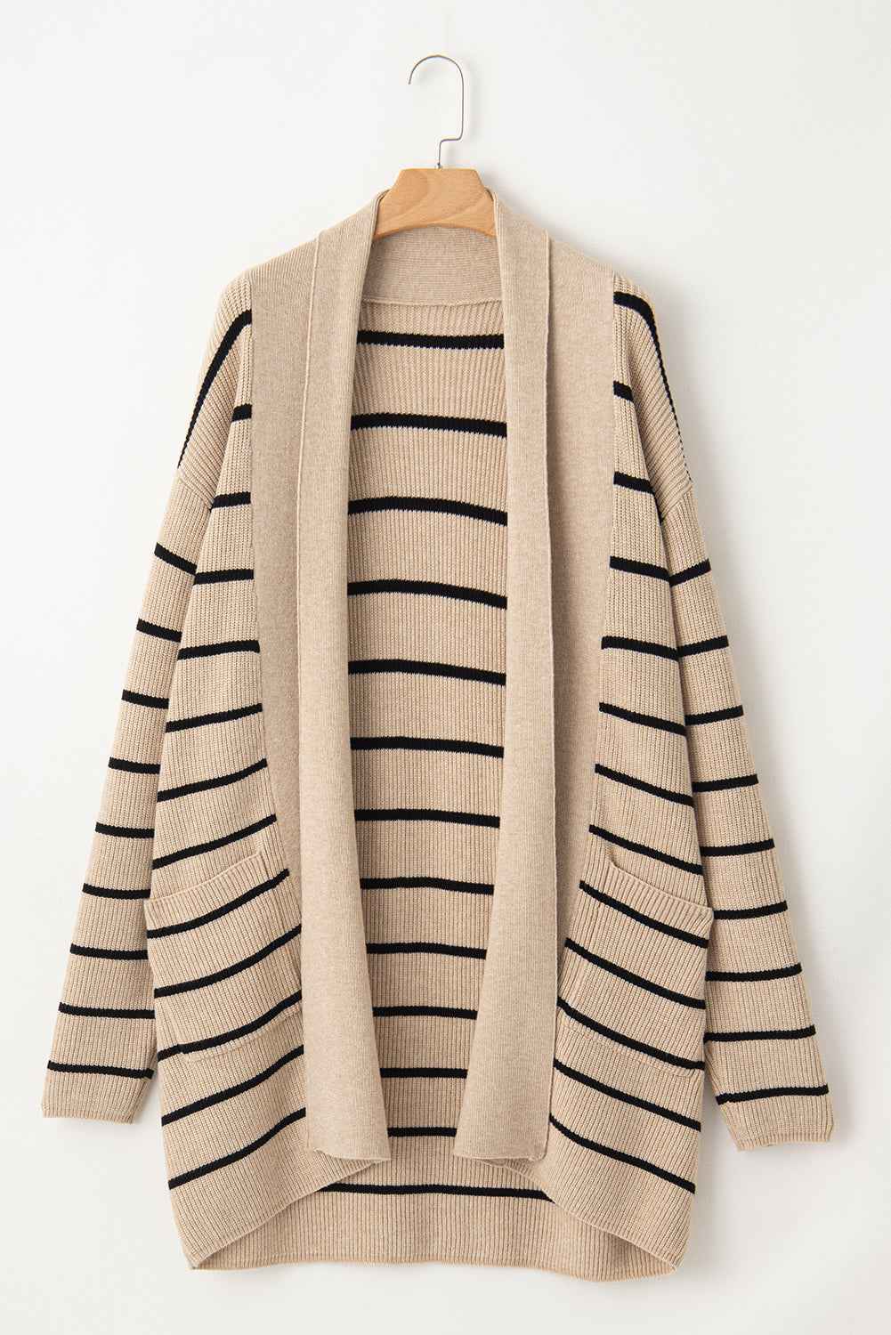 Black Stripe Cardigan with Side Pockets and Open Front