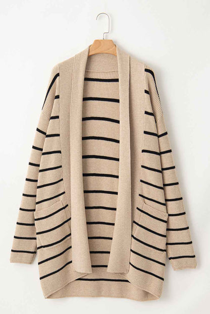 Black Stripe Cardigan with Side Pockets and Open Front