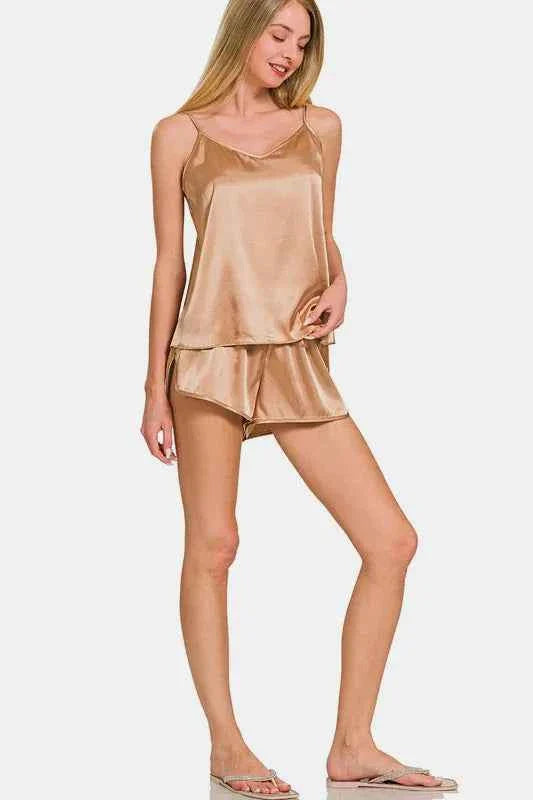Zenana Satin Cami Loungewear with V-Neck and Elastic Waist