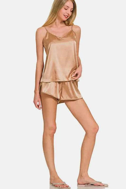 Zenana Satin Cami Loungewear with V-Neck and Elastic Waist