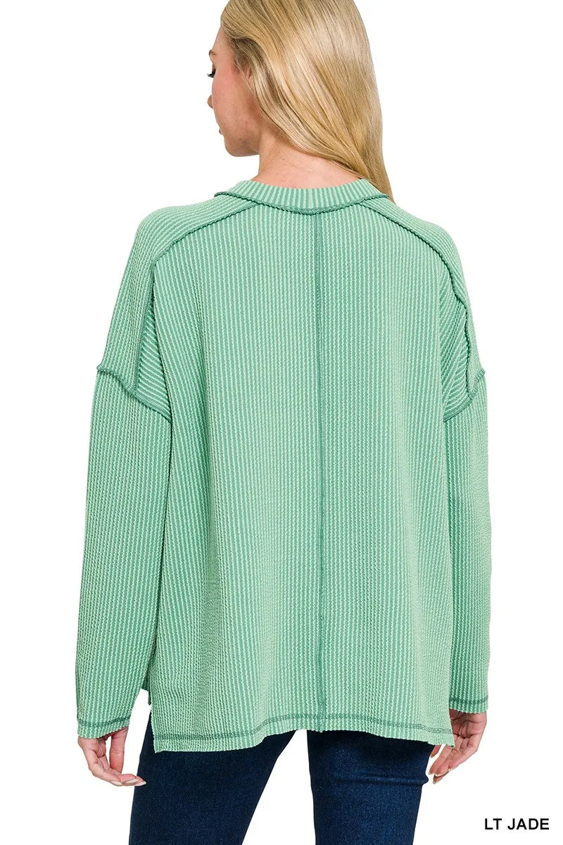 Zenana Exposed Seam Long Sleeve Corded Rib Knit Top in Jade